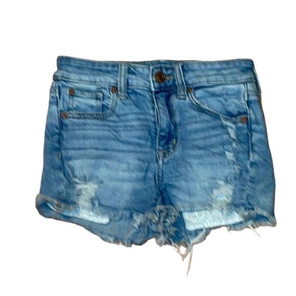American Eagle Super Stretch highly distressed jean shorts, medium blue denim, 0 - Picture 1 of 5